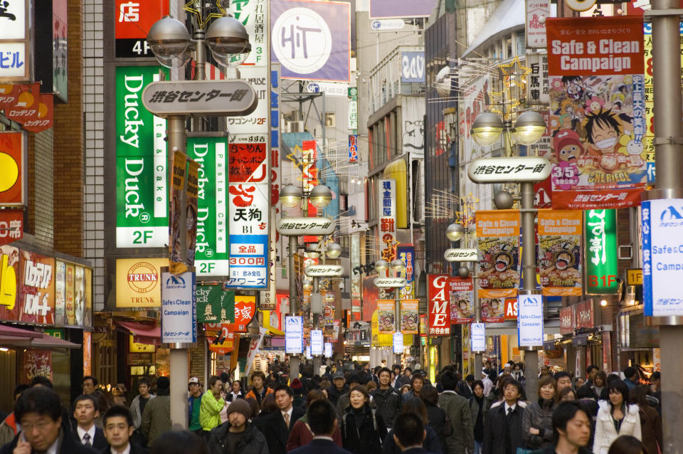 Youth entertainment area on a shopping street in Shibuya, near Hachiko Square, Tokyo, Japan.