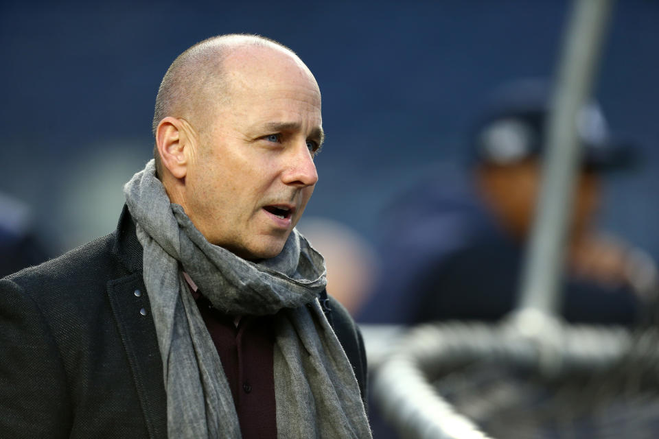 NEW YORK, NEW YORK - OCTOBER 17:  New York Yankees General Manager Brian Cashman looks on during batting practice prior to game four of the American League Championship Series against the Houston Astros at Yankee Stadium on October 17, 2019 in New York City. (Photo by Mike Stobe/Getty Images)