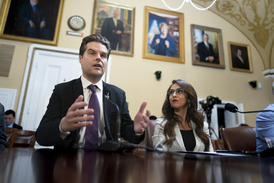 Rep. Matt Gaetz, R-Fla., left, and Rep. Lauren Boebert, R-Colo., propose amendments to the Department of Homeland Security Appropriations Bill before the House Rules Committee, at the Capitol in Washington, Friday, Sept. 22, 2023. (AP Photo/J. Scott Applewhite)