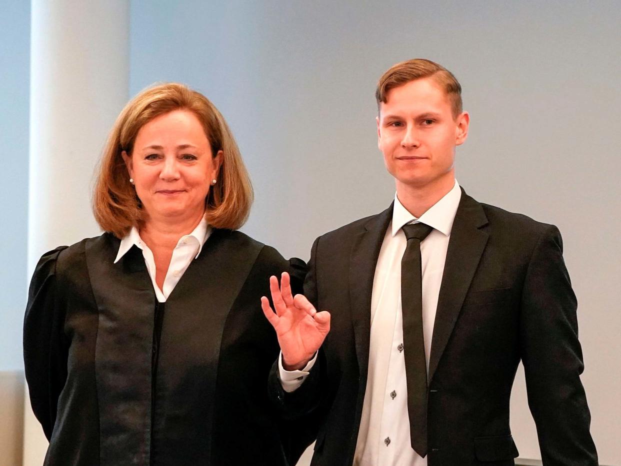 Terror charged, Norwegian Philip Manshaus and his lawyer Unni Fries arrive into the courtroom for the start of his trial at Asker and Baerum district court, outside Oslo: NTB Scanpix/AFP/Getty