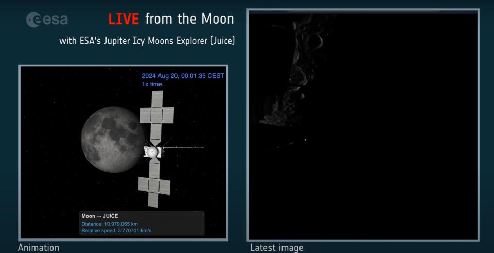 At left: illustration of a spacecraft with the moon in the background. At right: dark, blurry image of the moon's limb against the darkness of space.