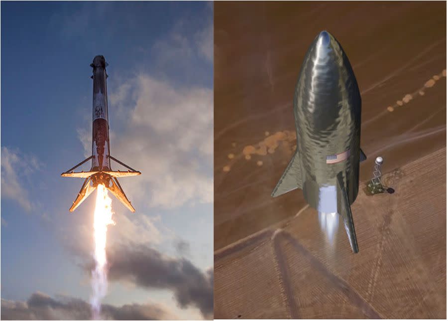 Al igual que ya han conseguido aterrizar verticalmente con el sistema de lanzamiento de los cohetes Falcon (a la izquierda), SpaceX espera hacer lo mismo con el nuevo sistema Starhopper-Starship | imagen SpaceX