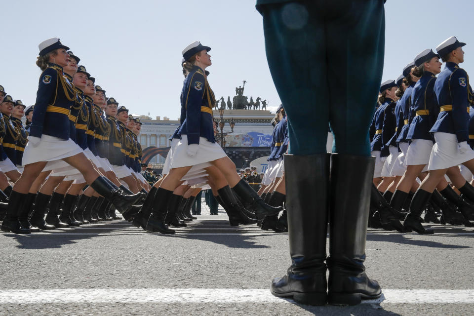 Russian army servicewomen march during the Victory Day military parade in St. Petersburg, Russia, Thursday, May 9, 2019. Victory Day is Russia's most important secular holiday, commemorating the Red Army's determination and losses in World War II. (AP Photo/Dmitri Lovetsky)