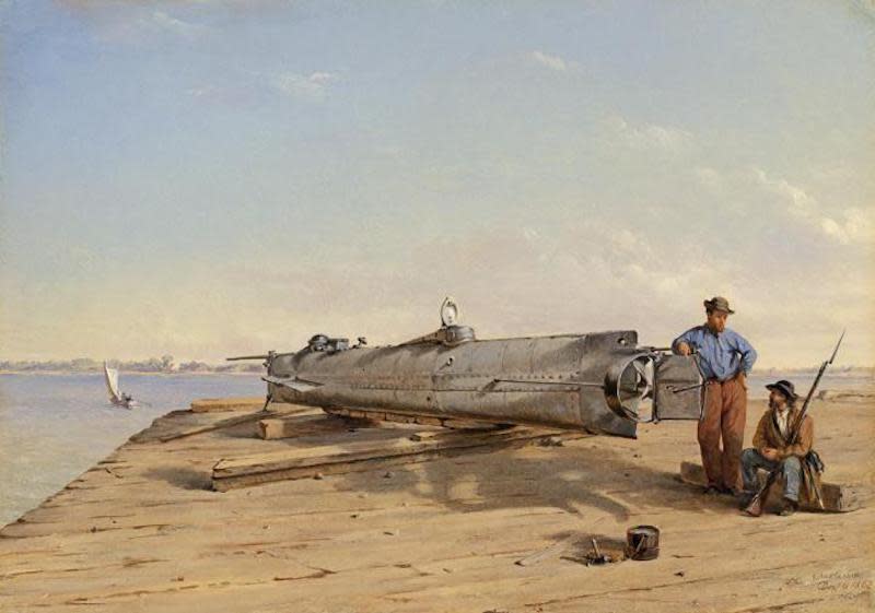 An oil painting by Conrad Wise Chapman, "Submarine Torpedo Boat H.L. Hunley," from Dec. 6, 1863.