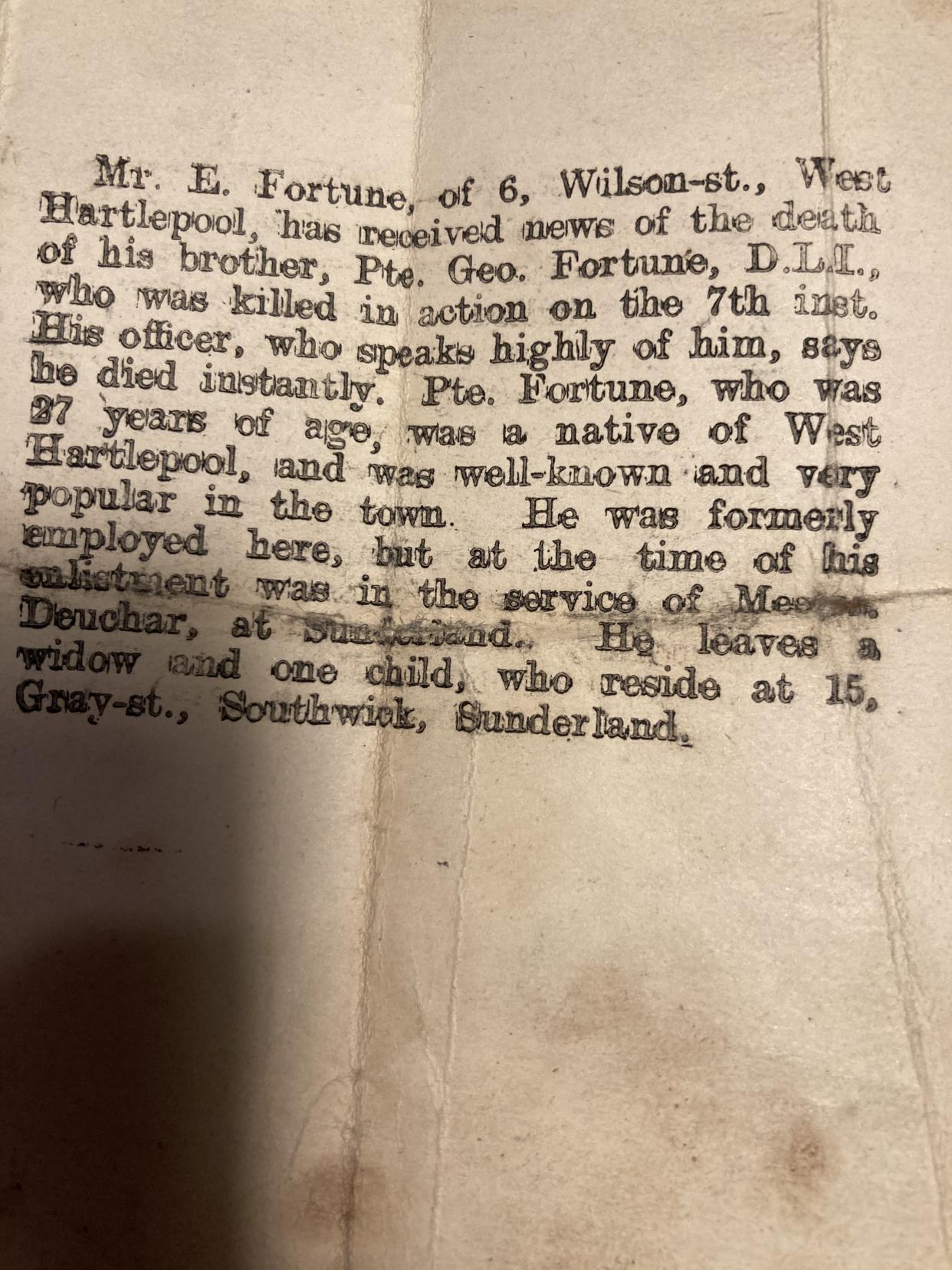 Confirmation of George Fortune's death