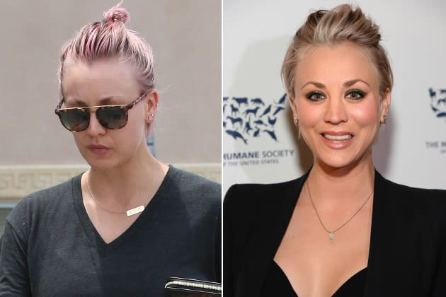 … “Big Bang Theory”-Star Kaley Cuoco, die wir hoffentlich bald wieder mit der gepflegten, natürlich-blonden Kurzhaarfrisur (rechts) zu sehen bekommen, mit der wir sie kennen und lieben! (Bilder: WENN, Getty Images)