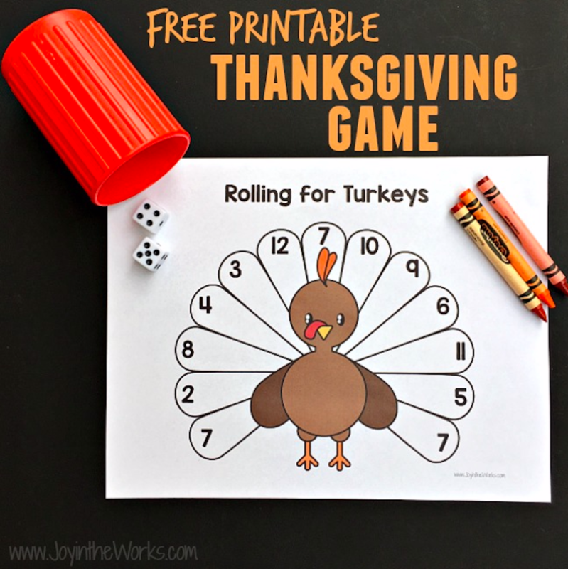 <p>Joy in the Works</p><p>This free printable from <a href="https://www.joyintheworks.com/rolling-for-turkeys-a-printable-thanksgiving-game/" rel="nofollow noopener" target="_blank" data-ylk="slk:Joy in the Works;elm:context_link;itc:0;sec:content-canvas" class="link rapid-noclick-resp"><em>Joy in the Works</em></a> is something little kids can do on Thanksgiving Day. They just have to roll the dice to see what feather they have to color in until they roll every number to complete their picture.</p>