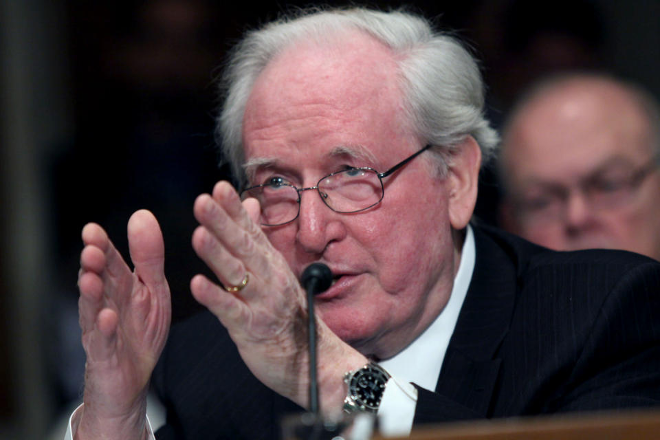 Sen. Jay Rockefeller, D-W.Va. testifies on Capitol Hill in Washington, Tuesday, Feb. 4, 2014, before the Senate subcommittee on Water and Wildlife hearing to examine the safety and security of drinking water supplies following the Central West Virginia drinking water crisis. (AP Photo/Lauren Victoria Burke)