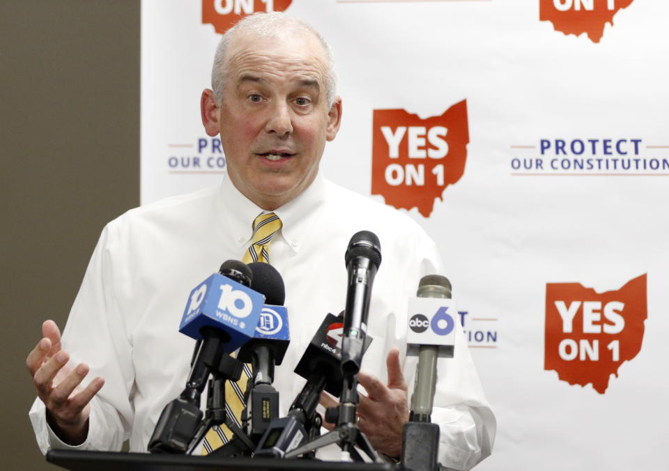 Republican Ohio Senate president Matt Huffman talks to reporters in Columbus, Ohio, following the failure of Issue 1 in a special election Tuesday, Aug. 8, 2023. Ohio voters have resoundingly rejected a Republican-backed measure that would have made it more difficult to pass abortion protections. (AP Photo/Paul Vernon)