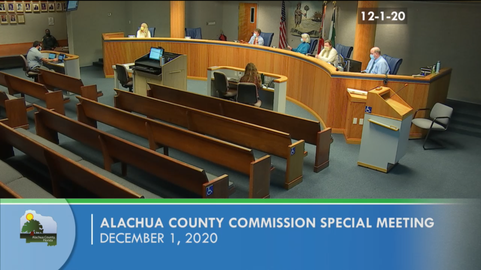 The Alachua County Commission meets on Dec. 1, 2020, in Gainesville, Fla. to discuss local coronavirus aid.