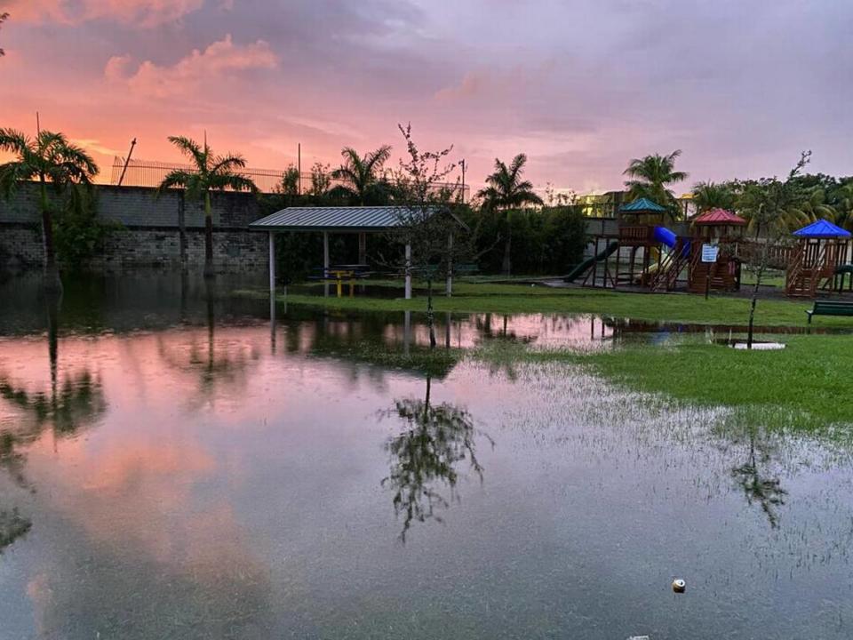 The playground at the Glorieta Gardens apartment complex in Opa-locka was still flooded more than two days after Tropical Storm Eta drenched South Florida with near-record rainfall.