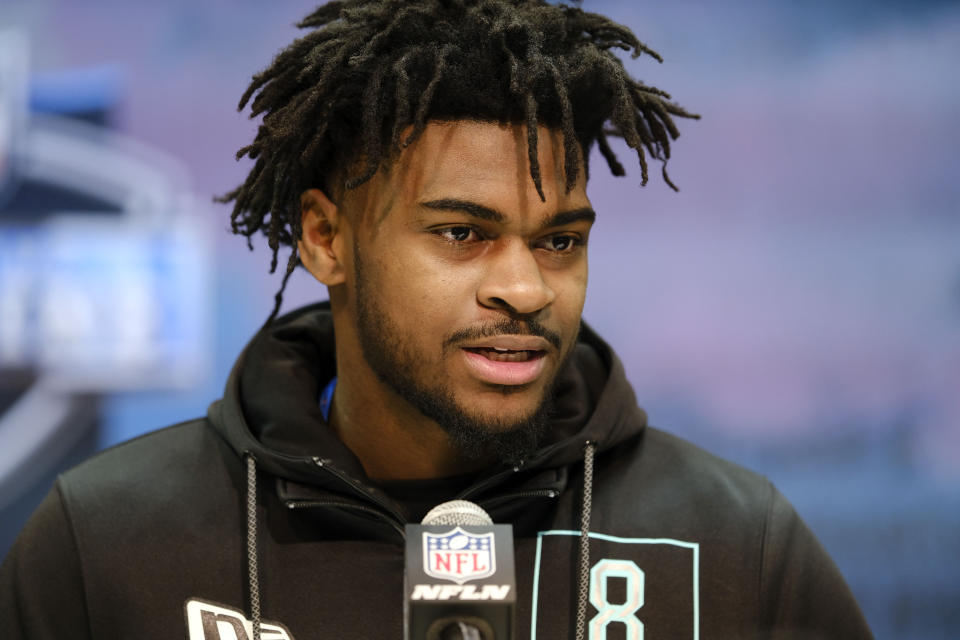 FILE - In this Feb. 28, 2020, file photo, Alabama defensive back Trevon Diggs speaks during a press conference at the NFL football scouting combine in Indianapolis. Diggs is a possible pick in the NFL Draft which runs Thursday, April 23, 2020, thru Saturday, April 25. (AP Photo/AJ Mast, File)