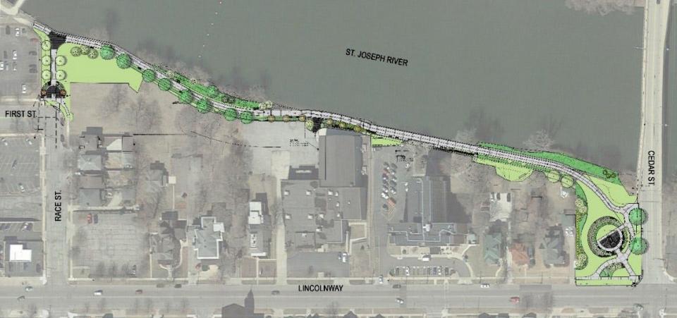 This rendering shows the Mishawaka Riverwalk Extension project that adds a walkway from Race Street to Cedar Street along residences and businesses on Lincoln Way East by the St. Joseph River.