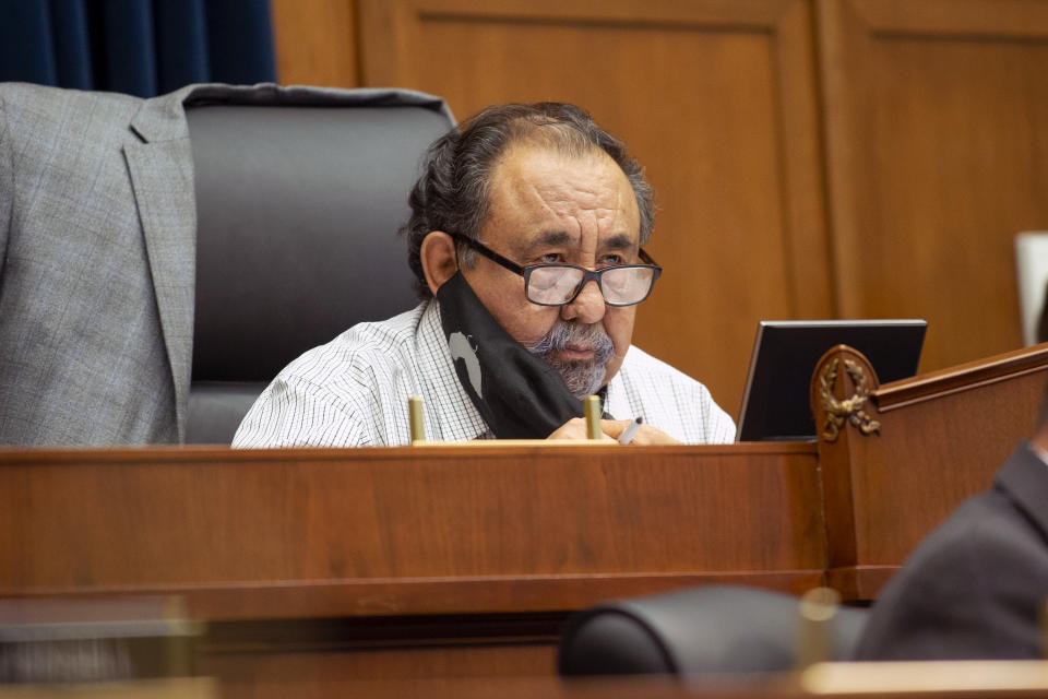 Committee Chairman Rep. Raul Grijalva, D-Ariz., speaks Monday, June 29, 2020, on Capitol Hill in Washington, during the House Natural Resources Committee hearing on the police response in Lafayette Square. (Bonnie Cash/Pool via AP)