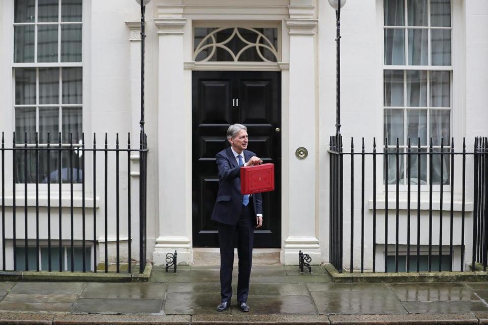 Chancellor of the Exchequer Philip Hammond holds the budget box up as he leaves 11 Downing Street ahead of the Budget in March (Getty Images)