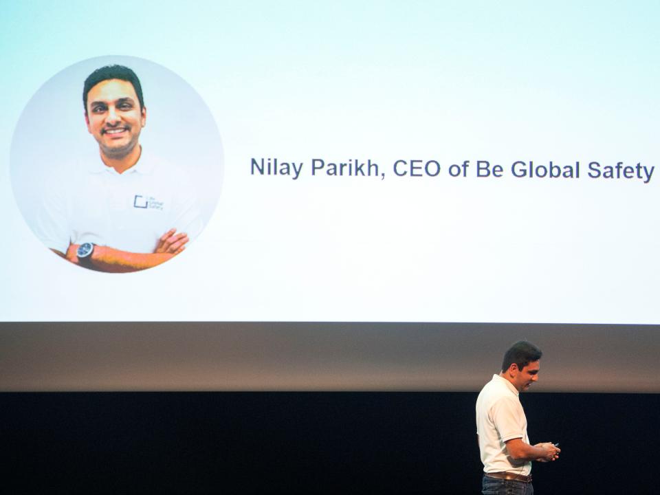 Nilay Parikh, CEO of Be Global Safety, takes the stage at the Techstars Industries of the Future Demo Day at the University of Tennessee Student Union Auditorium in Knoxville, Tenn. on Thursday, May 26, 2022. 