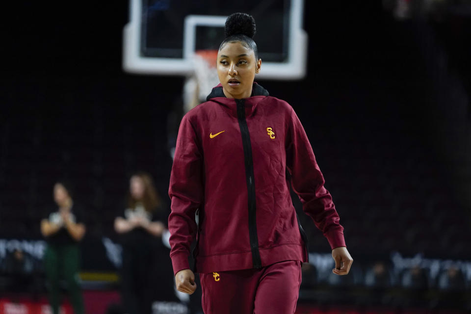 Southern California guard JuJu Watkins warms up before an NCAA college basketball game against Cal Poly, Tuesday, Nov. 28, 2023, in Los Angeles. (AP Photo/Ryan Sun)
