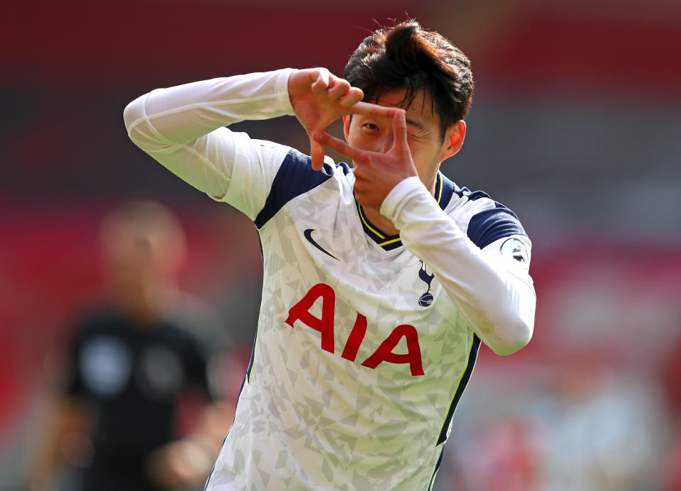 Tottenham Hotspur's Son Heung-min celebrates scoring his side's second goal of the game during the Premier League match at St Mary's Stadium, Southampton.