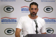 Green Bay Packers quarterback Aaron Rodgers speaks during a news conference after an NFL football game against the Minnesota Vikings, Sunday, Sept. 11, 2022, in Minneapolis. The Vikings won 23-7. (AP Photo/Bruce Kluckhohn)