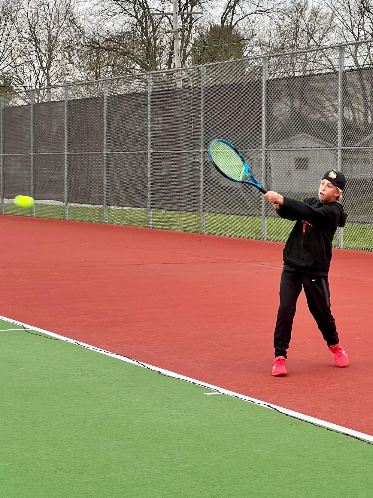 Pleasant's Hunter Yancy returns a shot during a home boys tennis match last week against Galion.