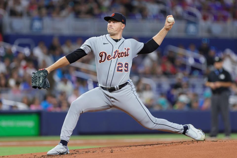 Detroit Tigers starting pitcher Tarik Skubal (29) pitches against the Miami Marlins during the first inning at loanDepot Park in Miami on Sunday, July 30, 2023.