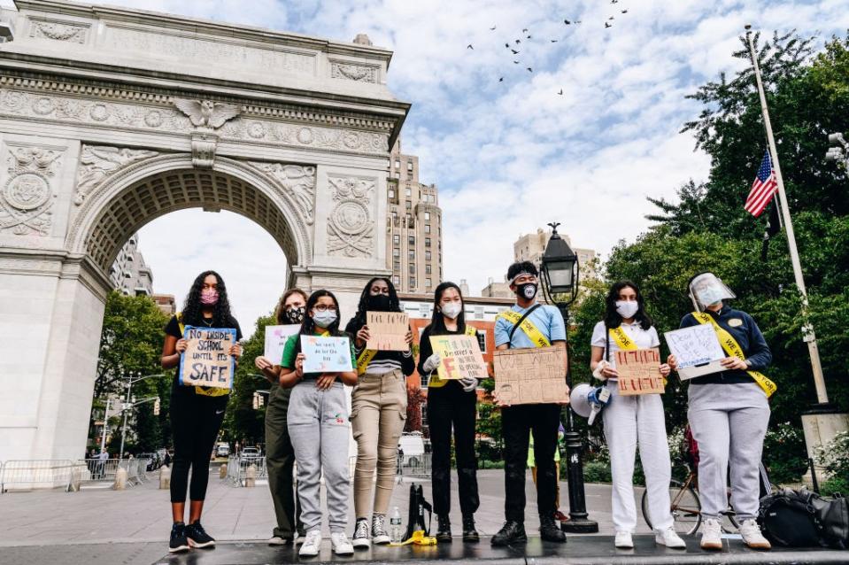 Oct. 1: Demonstrators gather at Washington Square Park in New York City during a ‘Strike for Safe Schools’ as the state reported more than 1,300 new cases of coronavirus. (Getty Images)