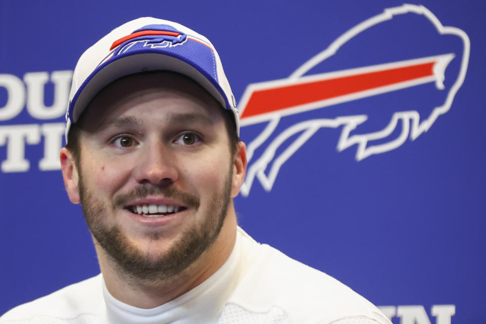Buffalo Bills quarterback Josh Allen answers questions during a news conference after defeating the Pittsburgh Steelers in an NFL wild-card playoff football game, Monday, Jan. 15, 2024, in Buffalo, N.Y. (AP Photo/Jeffrey T. Barnes)