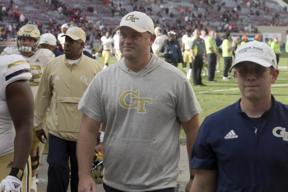 Georgia Tech interim head coach Brent Key walks off the field after an NCAA college football game against Virginia Tech, Saturday, Nov. 5 2022, in Blacksburg, Va. (Matt Gentry/The Roanoke Times via AP)