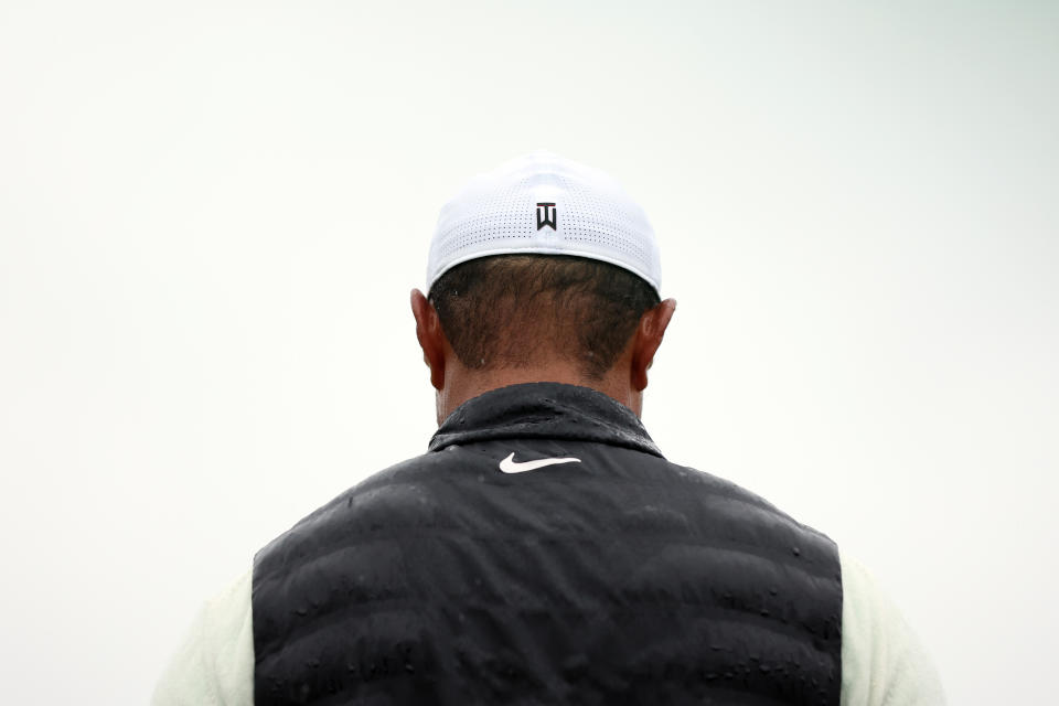 AUGUSTA, GEORGIA - APRIL 08: Tiger Woods of the United States looks on from the 18th green during the continuation of the weather delayed second round of the 2023 Masters Tournament at Augusta National Golf Club on April 08, 2023 in Augusta, Georgia. (Photo by Christian Petersen/Getty Images)