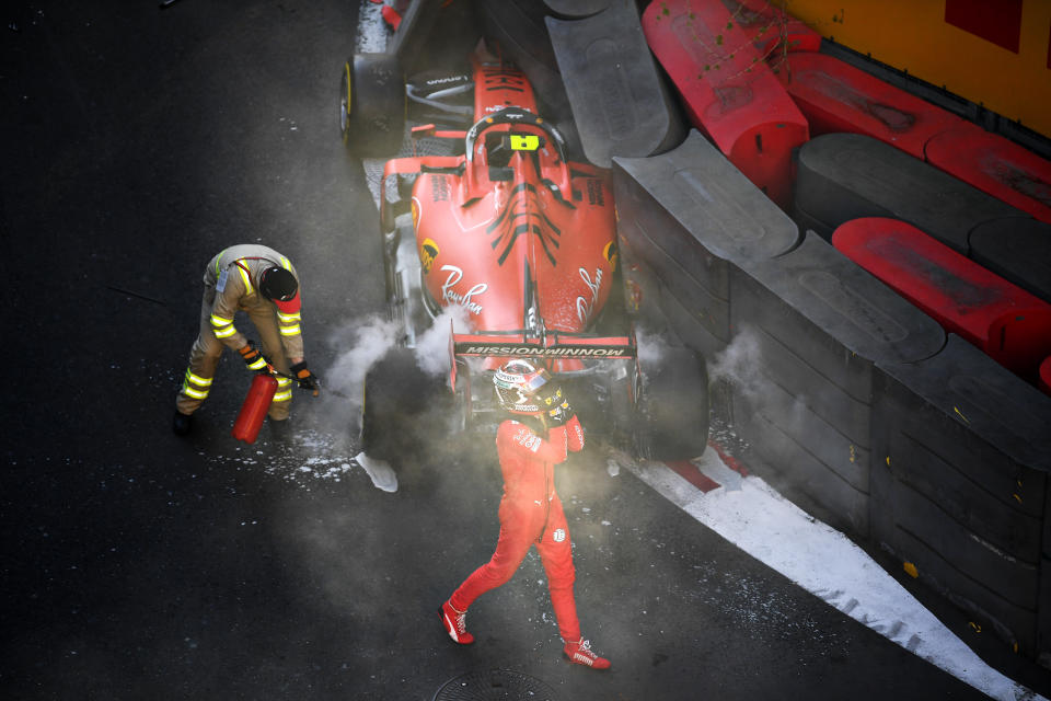 BAKU, AZERBAIJAN - APRIL 27: Charles Leclerc of Monaco and Ferrari looks dejected as he walks from his car after crashing during qualifying for the F1 Grand Prix of Azerbaijan at Baku City Circuit on April 27, 2019 in Baku, Azerbaijan. (Photo by Clive Mason/Getty Images)