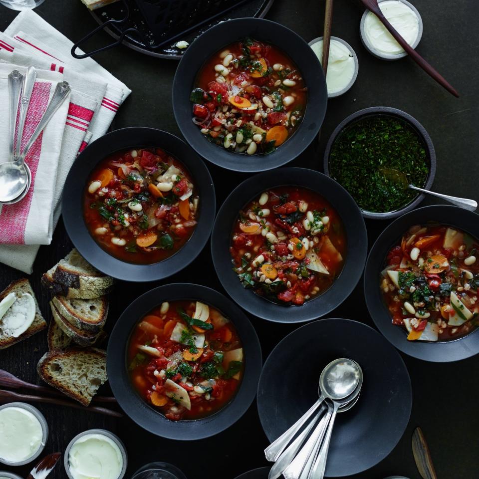 Farro and White Bean Soup with Swiss Chard and Herb Oil