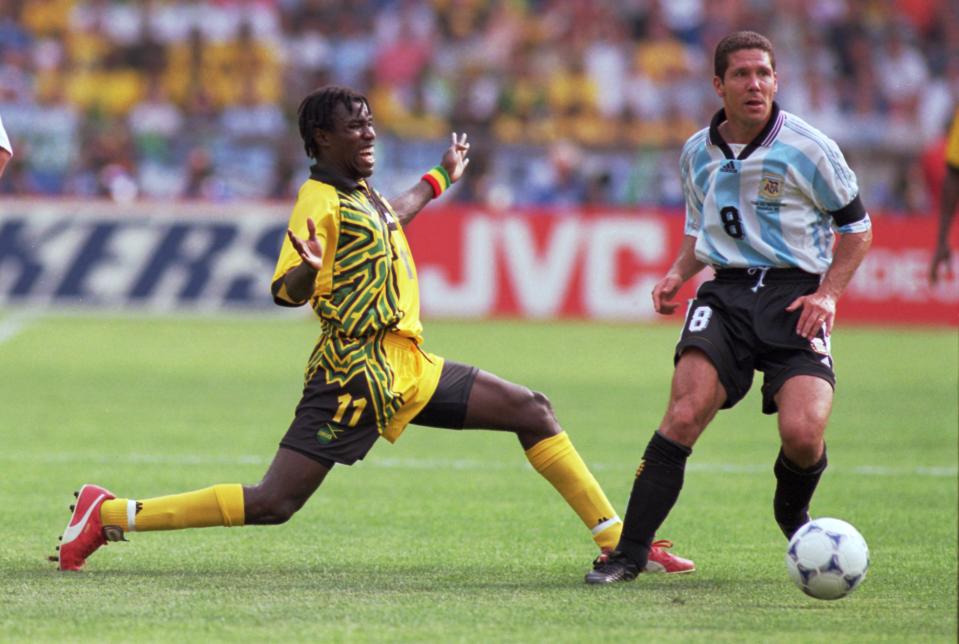 Argentina's Diego Simeone (right) gets away Jamaica's Theodore Whitmore (left)  (Photo by Tony Marshall/EMPICS via Getty Images)