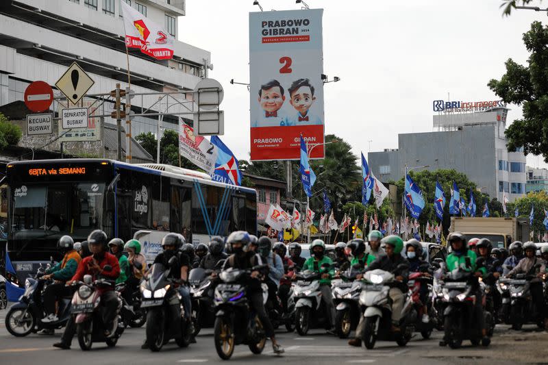 A billboard promoting Indonesia's Defence Minister and Presidential candidate Prabowo Subianto and his running mate Gibran Rakabuming Raka in Jakarta