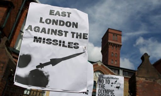 The Lexington Building, a proposed site for stationing surface-to-air missiles, near London's Olympic Park as residents march against the proposal in June 2012. London residents on Tuesday lost their court battle to prevent the government placing surface-to-air missiles on the roof of their apartment block during the Olympics