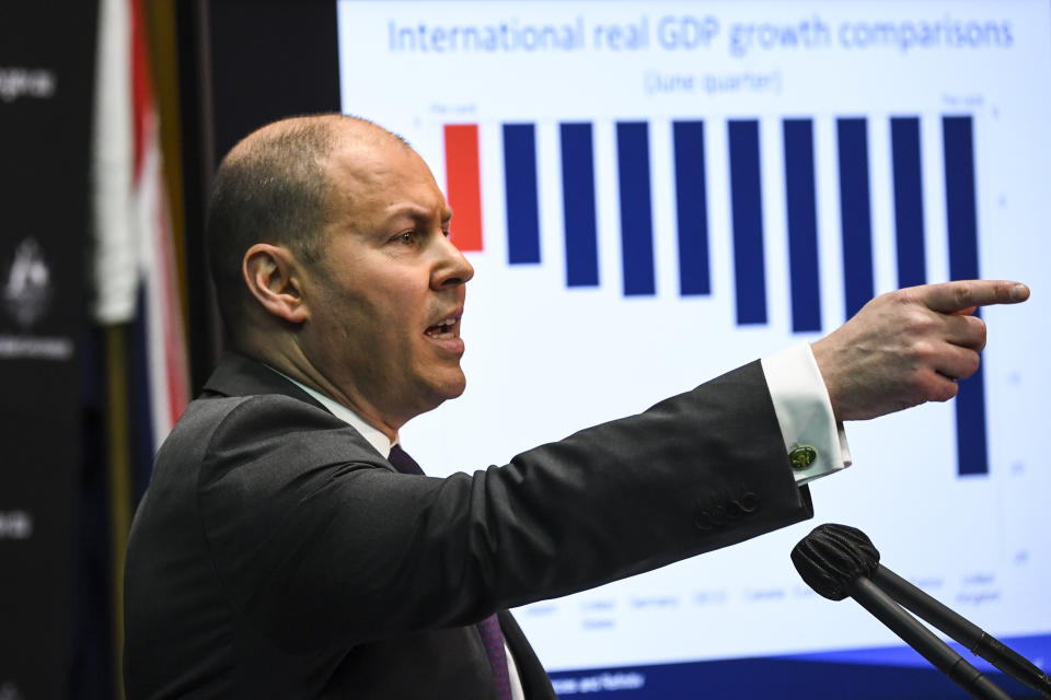 Australian Treasurer Josh Frydenberg speaks to the media during a press conference at Parliament House in Canberra, Wednesday, September 2, 2020. The Australian Gross Domestic Product (GDP) fell 7.0% in the June quarter. (AAP Image/Lukas Coch)