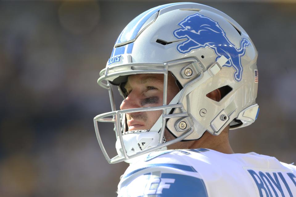 Aug 28, 2022; Pittsburgh, Pennsylvania, USA;  Detroit Lions quarterback Tim Boyle (12) looks on from the sidelines against the Pittsburgh Steelers during the second quarter at Acrisure Stadium.