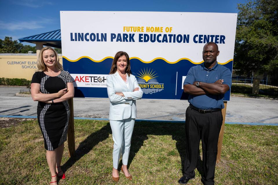 Kimberly Frazier, Career and Technical Education Program Manager at Lake Tech; Lake County School Superintendent Diane Kornegay; and Principal Jeffrey Williams meet in May 2024 to see the progress of the future Lincoln Park Education Center.