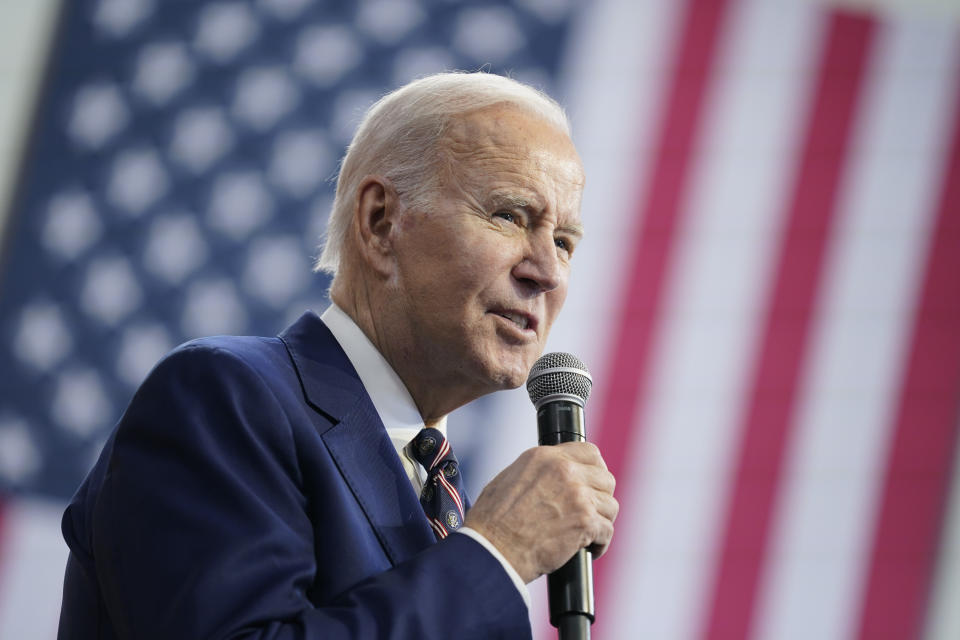 President Joe Biden speaks about his 2024 budget proposal at the Finishing Trades Institute, Thursday, March 9, 2023, in Philadelphia. (AP Photo/Evan Vucci)