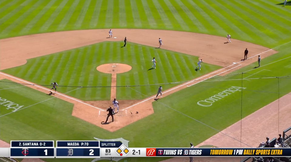 Detroit Tigers first baseman Spencer Torkelson tries to start a double play instead of throwing home in the fifth inning April 13, 2024, against the Minnesota Twins at Comerica Park.