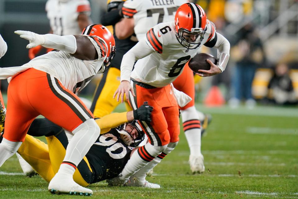 Pittsburgh Steelers outside linebacker T.J. Watt (90) sacks Cleveland Browns quarterback Baker Mayfield (6) during the first half an NFL football game Jan. 3 in Pittsburgh.