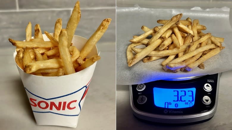 Sonic fries in container next to fries on food scale