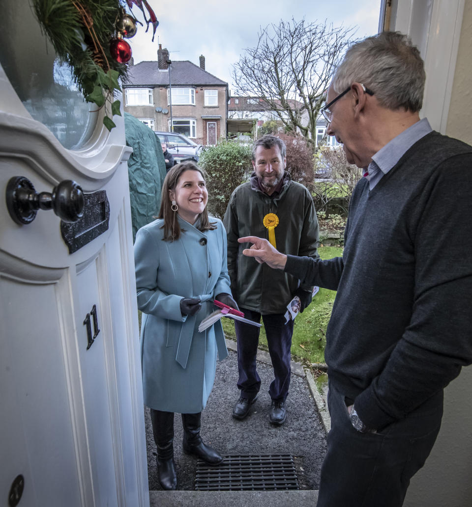 Liberal Democrat Leader Jo Swinson canvassing door to door with Liberal Democrat parliamentary candidate for Sheffield Central Colin Ross (centre) during a visit to Sheffield, while on the General Election campaign trail.