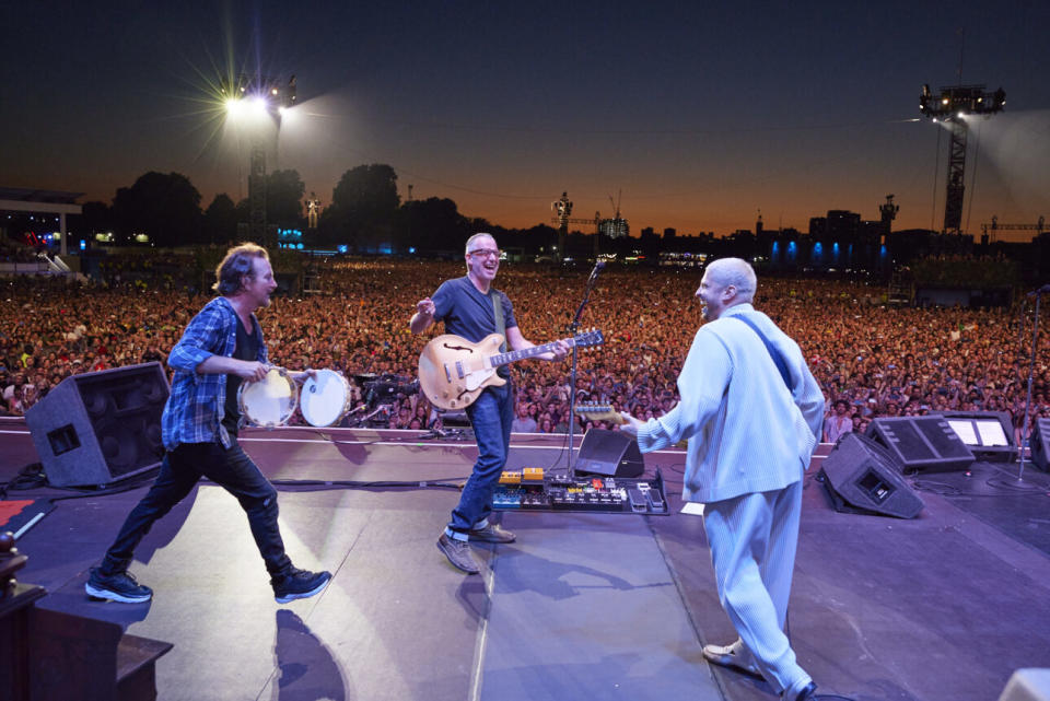 Pearl Jam’s Eddie Vedder and Stone Gossard performing with Andrew Watt at London’s Hyde Park in 2022 (credit: Danny Clinch)