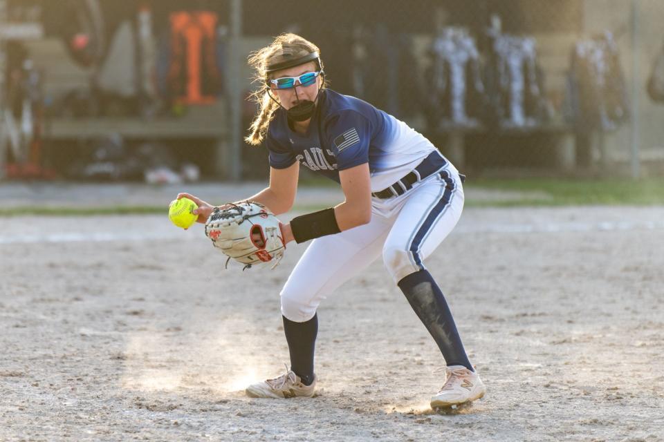 Sault High's Hannah Maurer makes a play on the infield during a home game last week. The Blue Devils swept Marquette Friday at Locey Field.