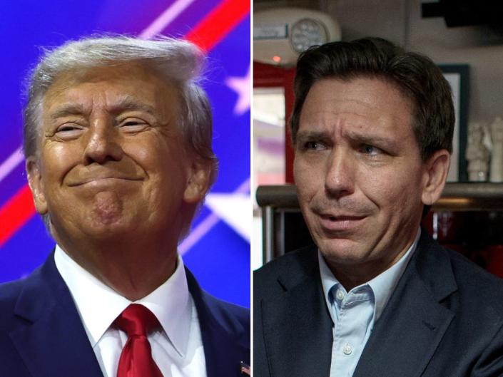 A composite image of a grinning Donald Trump and a frowning Ron DeSantis.