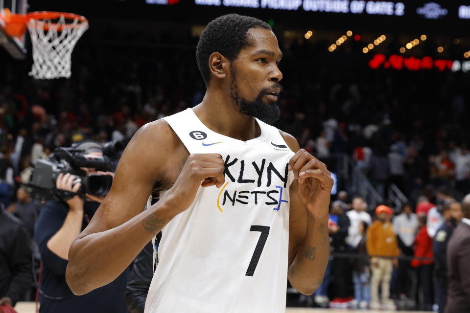 ATLANTA, GA - DECEMBER 28: Kevin Durant #7 of the Brooklyn Nets reacts following the Nets 108-107 victory over the Atlanta Hawks at State Farm Arena on December 28, 2022 in Atlanta, Georgia. NOTE TO USER: User expressly acknowledges and agrees that, by downloading and or using this photograph, User is consenting to the terms and conditions of the Getty Images License Agreement. (Photo by Todd Kirkland/Getty Images)