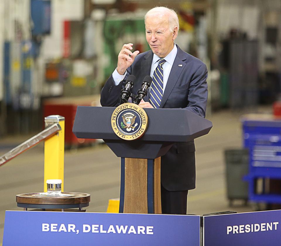 President Joe Biden spoke at an event at the Amtrak Bear Maintenance Facility on Monday November 6, 2023 about investments being made in the railroad company's infrastructure along the Northeast Corridor.