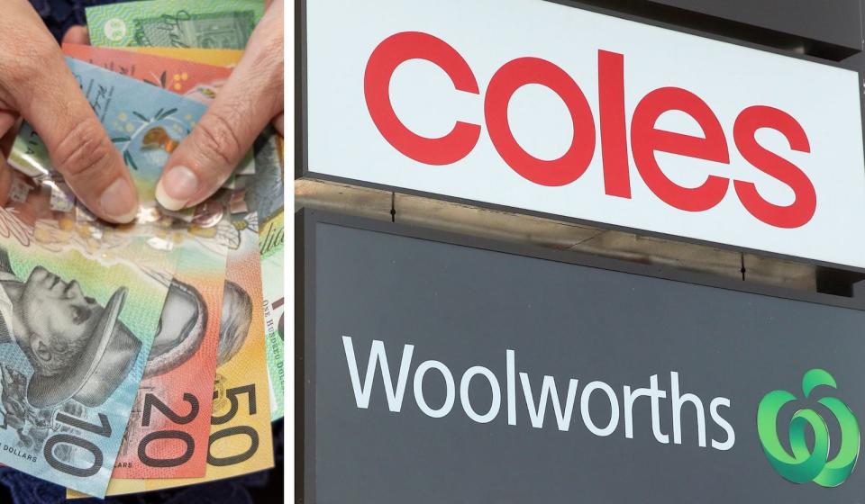 Compilation image of hands holding cash and Coles and Woolworths supermarket logos