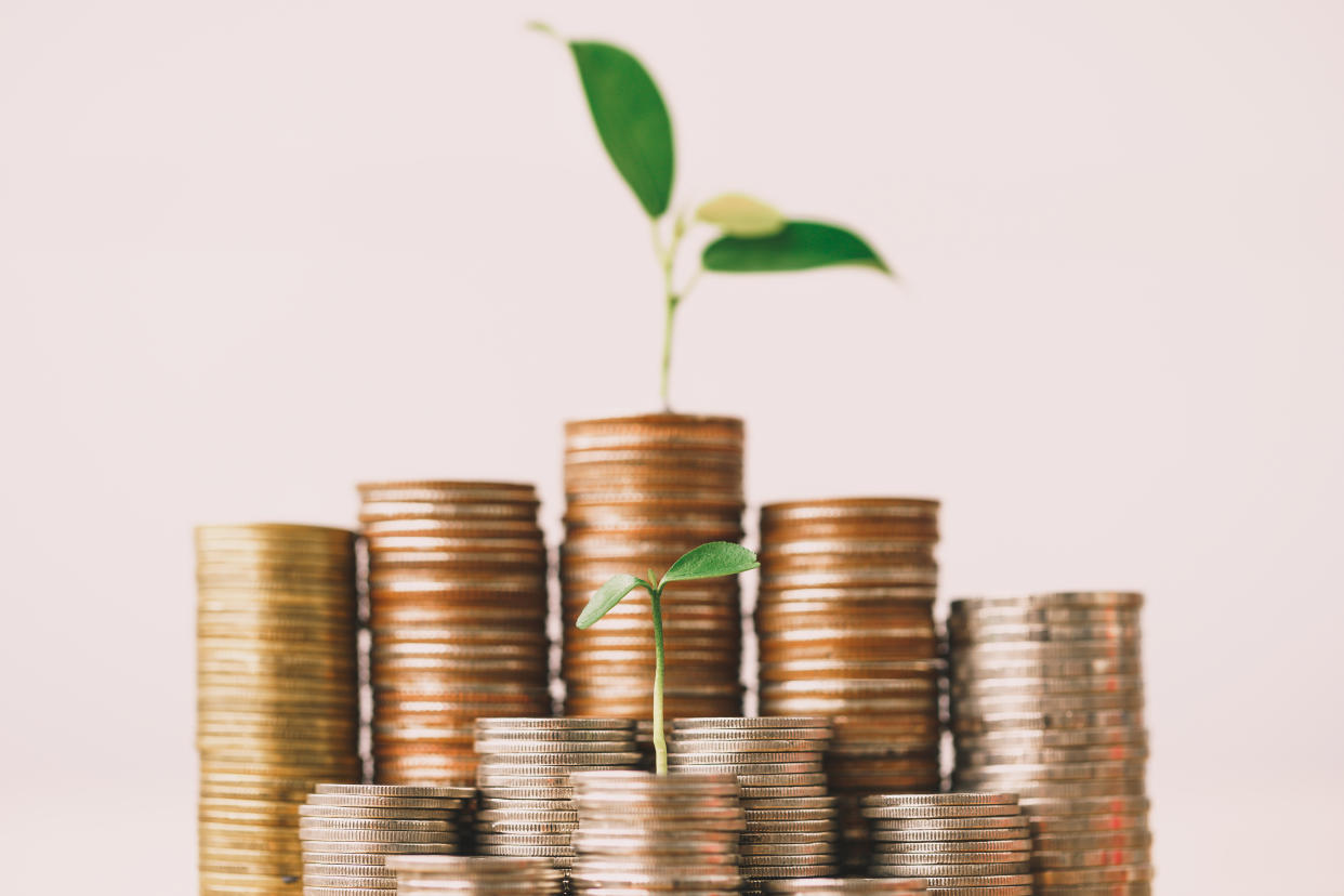 Coins stack and seedling on top. Watering can and money tree drawn concept for business investment. Time counting down for retirement.