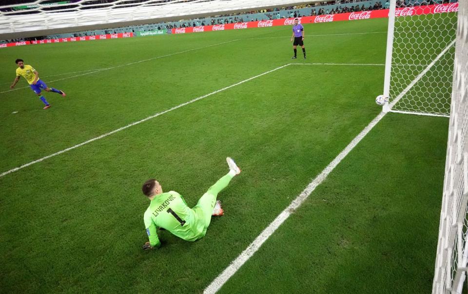 Brazil's Marquinhos misses a penalty during the penalty shootout - REUTERS/Matthew Childs